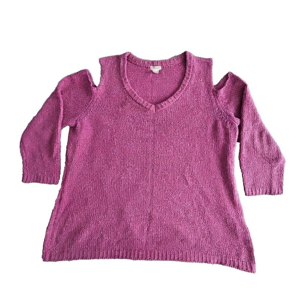 Venus Cold Shoulder Sweater Women's Size 1x Purple‎ Metallic Thread Chunky Y2K